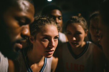 Players in a huddle intensely discuss strategy as they prepare for the final minutes of a competitive basketball game