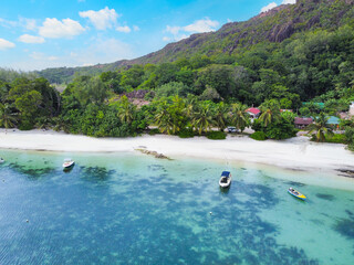 Aerial view of boats in a tropical beach in Seychelles
