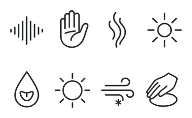 Sensory symbols icons set – outline, perception, and awareness graphic elements