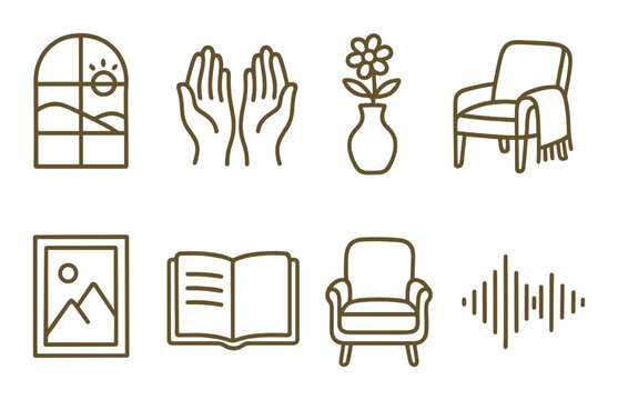 Tranquil healing icons set – outline, relaxation and calmness symbols for wellness