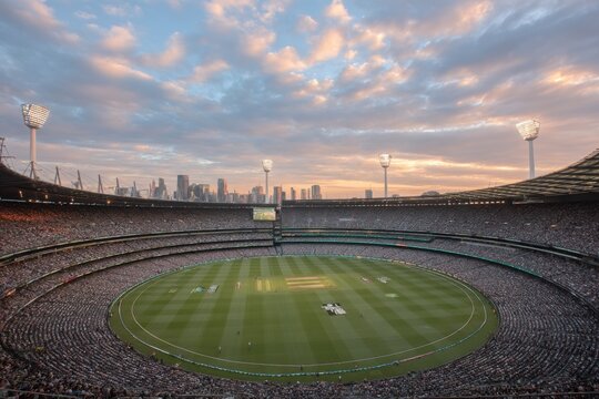 Many spectators fill the stands at Melbourne Cricket Ground, cheering for their teams during a thrilling cricket match at sunset