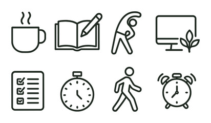Daily ritual icons set in outline style – simple, minimalist and routine graphics