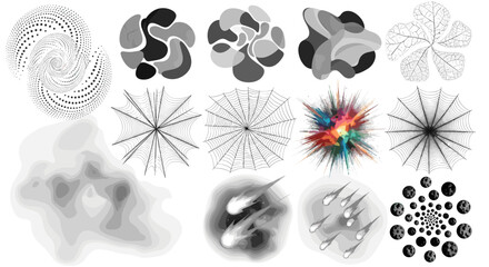 Fototapeta premium Collection of diverse abstract grayscale elements including spirals webs and meteor shower designs artfully arranged