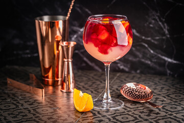 Glass of red wine spanish famous traditional fruity sangria gourmet cocktail or vino de verano, tinto de verano drink. High quality photo