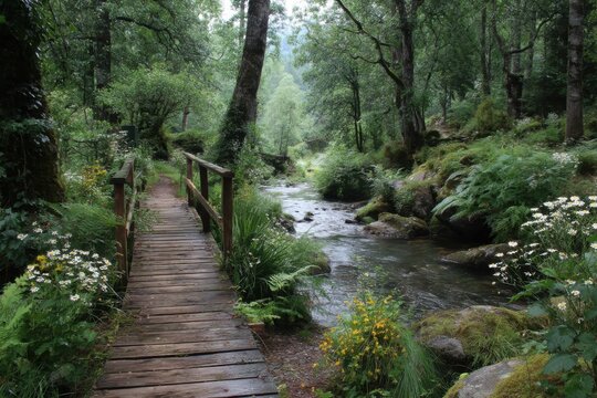 A wooden bridge spans a gentle stream flowing through a vibrant forest filled with tall trees, wildflowers, and rich vegetation - Powered by Adobe