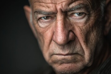 An elderly man gazes intensely with furrowed brows, highlighting his age and emotion against a dark backdrop
