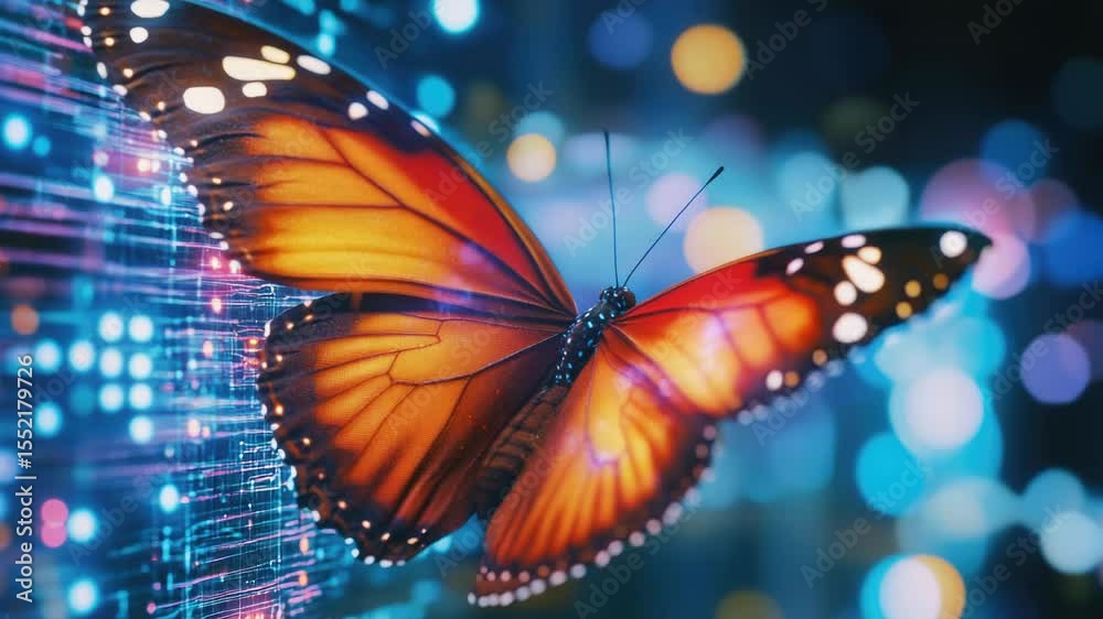 Poster a close-up shot of a colorful butterfly sitting on a computer screen, possibly representing technolo