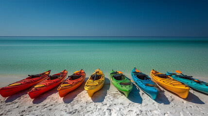 色鮮やかなカヤックの整列風景