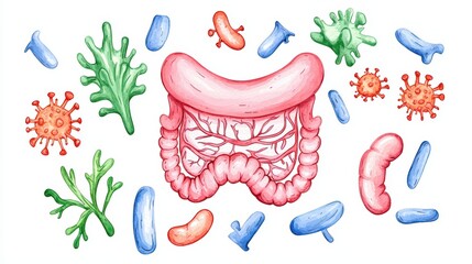 Illustration of Human Gut with Microbes and Bacteria in Colorful Design, Depicting Digestive Health and Microbiome Diversity