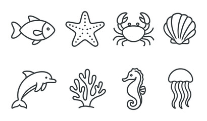 Marine life silhouette icons set - simple aquatic and ocean-themed symbols