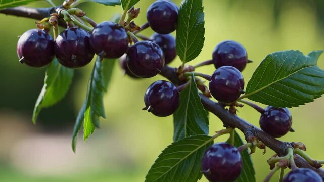Detailed close-up of ripe, dark purple serviceberries hanging gracefully on a branch, showcasing serene garden atmosphere and seasonal freshness.