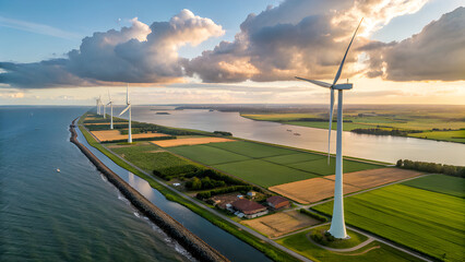 Wind turbines harnessing wind power on a scenic coastline under a partly cloudy, bright sky, showing sustainable energy solutions.