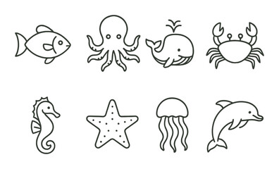 Marine life outline icons set – linear, ocean and aquatic creature symbols