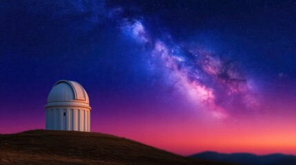 Obraz premium Tranquil Night View of Observatory Under Starry Sky with Milky Way and Vibrant Sunset Colors