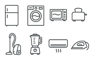 Home appliance icons set – outline, kitchen and household symbol collection