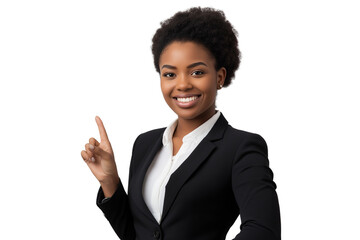Smiling black businesswoman fingers pointing to the side isolated on transparent background