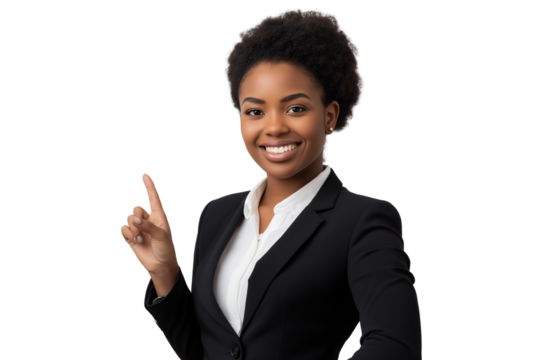 Smiling black businesswoman fingers pointing to the side isolated on transparent background - Powered by Adobe