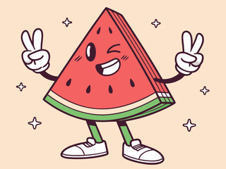 Happy cartoon watermelon character with stars background and joyful peace sign expression