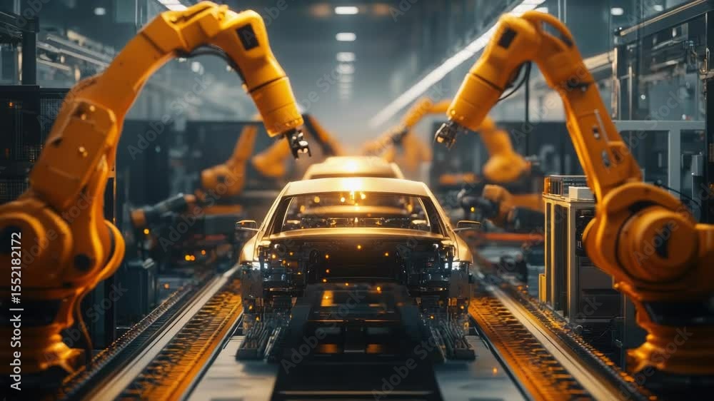Fototapete robots assembling a car in a factory setting