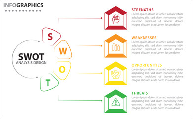 Clean and modern SWOT analysis infographic template. Editable design for presentations, business reports, or strategy plans. Highlights Strengths, Weaknesses, Opportunities, and Threats clearly.