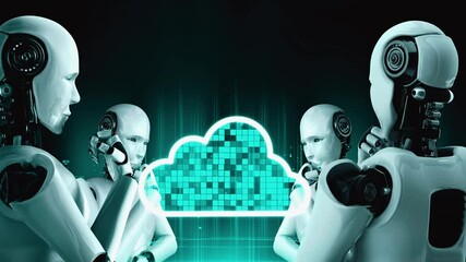 AI robot huminoid uses cloud computing technology to store data on online server . Futuristic concept of cloud information storage analyzed by machine learning process . 3D rendering . - Powered by Adobe