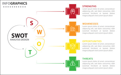 Clean and modern SWOT analysis infographic template. Editable design for presentations, business reports, or strategy plans. Highlights Strengths, Weaknesses, Opportunities, and Threats clearly.