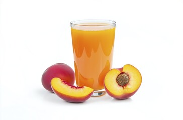 Fresh peach juice with whole and sliced peaches on white background