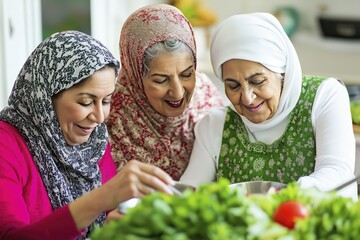 Joyful elderly women in hijabs enjoy cooking together in bright kitchen setting