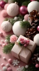 Festive gift box surrounded by holiday decorations on a pink surface during winter season