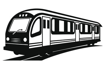 Stylized Black and White Subway Train Illustration Featuring Carriages and Rail Line Detail