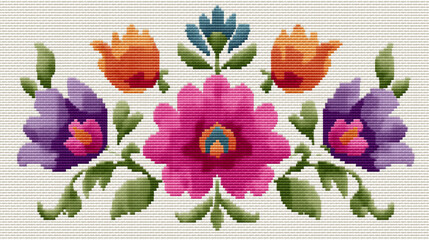  Floral Pattern Blooms Across Textured White Background Traditional Embroidery Design 