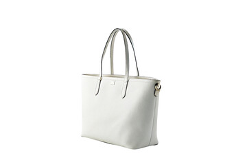 Elegant white leather tote bag with gold hardware isolated on transparent background