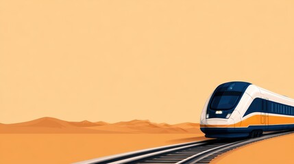 Fototapeta premium High-Speed Train on a Curved Track in a Desert Landscape with Sandy Dunes and Clear Blue Sky