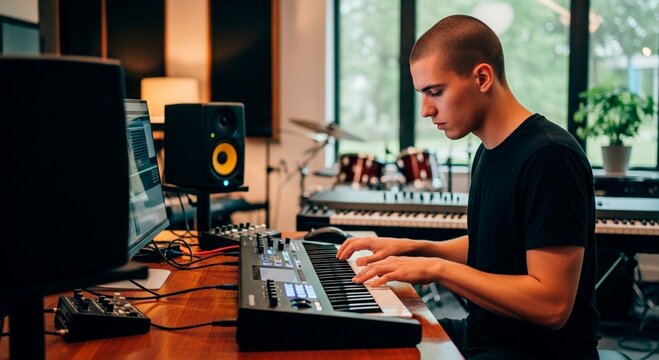 Man playing keyboard in home music studio with computer monitor and speakers on a wooden desk surface