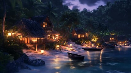 Tropical cabins illuminated on a serene shore - Powered by Adobe