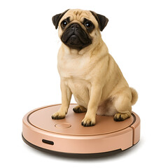 Cute pug dog sitting on rose-gold robot vacuum cleaner – isolated on white background