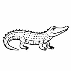 Fototapeta premium Cute cartoon alligator with spots and scales in black and white outline