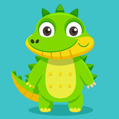 Obraz premium Cute cartoon green dinosaur with big eyes and a friendly smile
