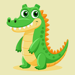 Fototapeta premium Cute green cartoon alligator with big eyes and orange spikes smiling happily
