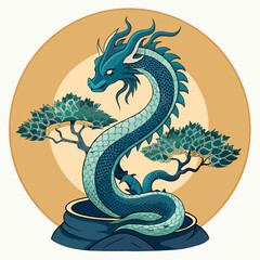 Fototapeta premium Majestic blue dragon coiled around bonsai trees against a warm sun background