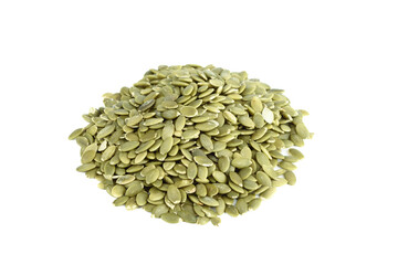 A pile of peeled pumpkin seeds isolated on white background.