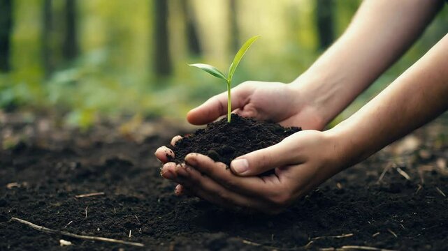 Planting a young seedling in rich soil for reforestation efforts in a forested area during the daytime