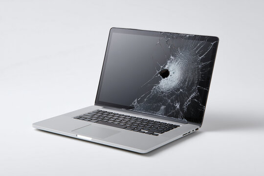 A damaged laptop screen with a bullet hole, reflecting the aftermath of an incident