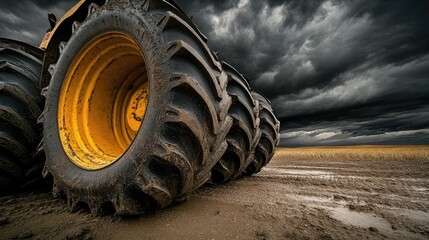 Agricultural tractor tire in a field under a stormy sky.