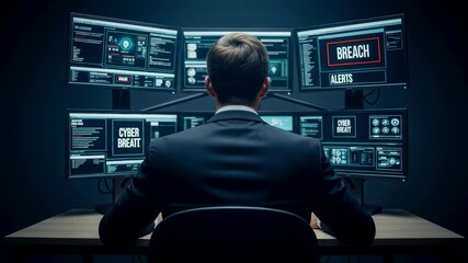 Man monitors multiple computer screens showing a cyber breach alert and system warnings, depicting data security analysis footage.