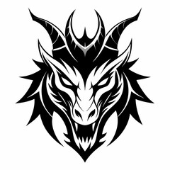 Fototapeta premium Fierce black dragon head with sharp horns and menacing eyes tribal tattoo design