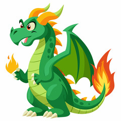Fototapeta premium Friendly green cartoon dragon breathing fire with wings and claws