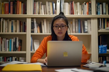 Asian young female working on laptop in library with books in background
