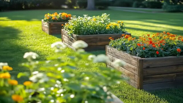 Raised garden beds with flowers, and lawn.