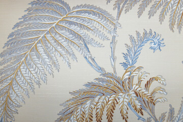 Elegant Fabric with Blue and Beige Fern Leaf Pattern on Light Neutral Background